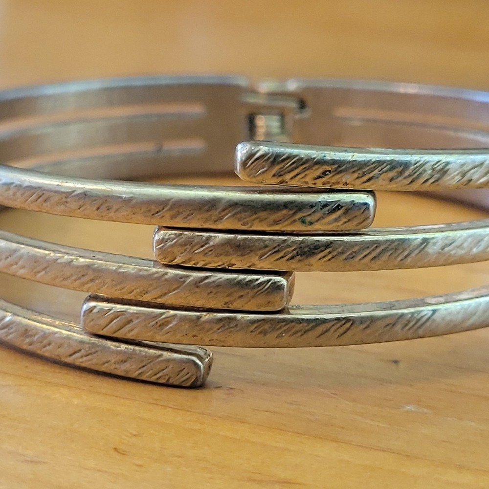 Vintage Silver Tone Multi Band Hinged Cuff Bracelet Engraved 35g